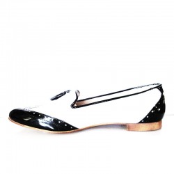 Black and white patent leather moccasin with tassels