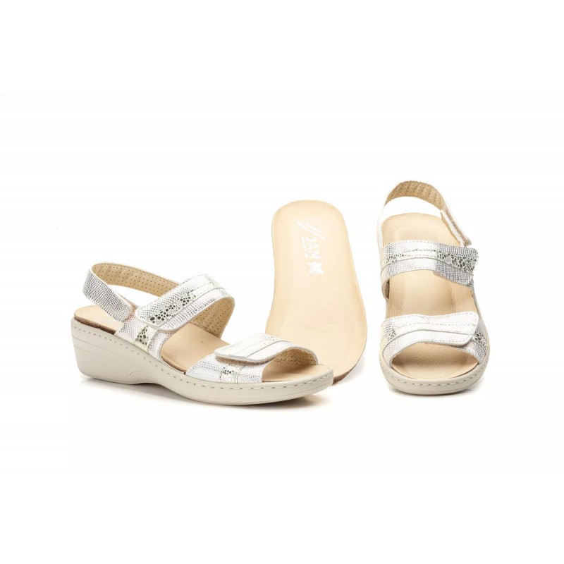 15050 Black and platinum leather sandal, comfort and removable insole, non-slip