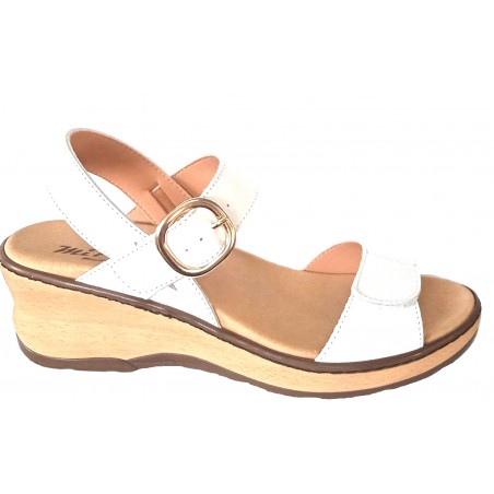 Shoes Anatomical White leather sandal, wedge, buckle and velcro closure, rubber sole, removable insole