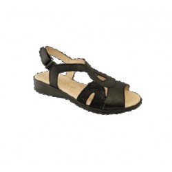 Duendy 3773 Black and Platinum  leather sandal with velcro, gel insole, rubber sole