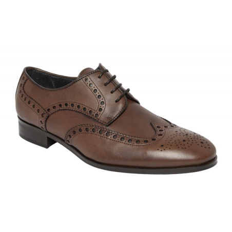 Fenatti 4207 Zapato de Novio en piel marrón, picado de marías, cordones, suela de cuero, ancho especial, para vestir