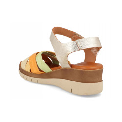 Sandalia de piel multicolor, tiras cruzadas con cuña media, planta mullida, suela de goma