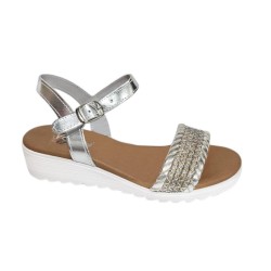 Silver and gold leather sandals, cushioned sole, buckle closure, non-slip sole, D'Veranas