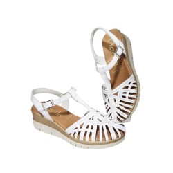 Sandalia de piel de tiras con cuña media, cierre de hebilla, Marila