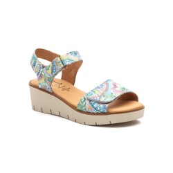 Multicoloured leather sandal, hook and loop fastening, leather-lined gel insole, non-slip rubber sole