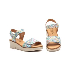 Multicoloured leather sandal, hook and loop fastening, leather-lined gel insole, non-slip rubber sole