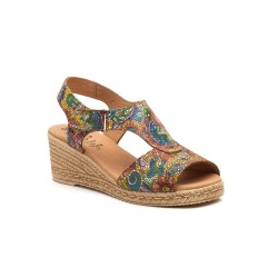 Multicoloured leather sandal with heel fastening, leather-lined gel insole, medium wedge heel, non-slip sole.