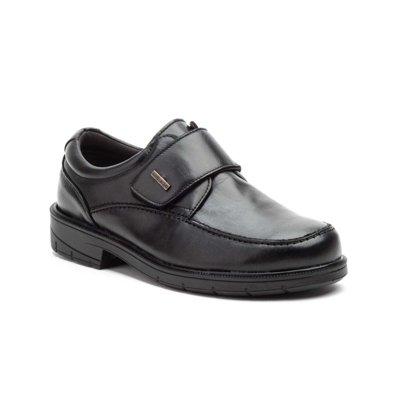 Black leather shoe, velcro closure, non-slip