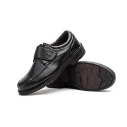 Black leather shoe, velcro closure, non-slip
