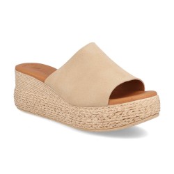 Zuecos de piel Beige, cuero y negro , planta mullida, cuña, antideslizante