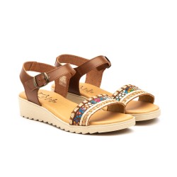 JAM 3199 Sandalia de piel de tiras con cuña media, cierre de hebilla, plantilla acolchada