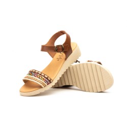 JAM 3199 Sandalia de piel de tiras con cuña media, cierre de hebilla, plantilla acolchada