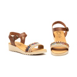 JAM 3199 Sandalia de piel de tiras con cuña media, cierre de hebilla, plantilla acolchada