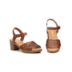 Brown leather heel sandals, gel insole, non-slip