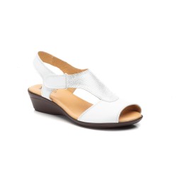 Leather sandal with heel fastening, leather-lined gel insole, medium wedge heel, non-slip sole.