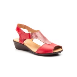Leather sandal with heel fastening, leather-lined gel insole, medium wedge heel, non-slip sole.