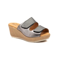 Sandalia de piel con velcro, planta de  gel y ligero, cuña media