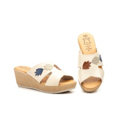 Leather Wedge Sandal with Leaf Embellishment - Gel Insole - Made in Spain