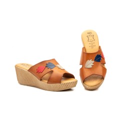 Leather Wedge Sandal with Leaf Embellishment - Gel Insole - Made in Spain