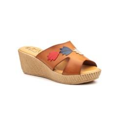 Leather Wedge Sandal with Leaf Embellishment - Gel Insole - Made in Spain