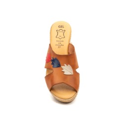 Leather Wedge Sandal with Leaf Embellishment - Gel Insole - Made in Spain