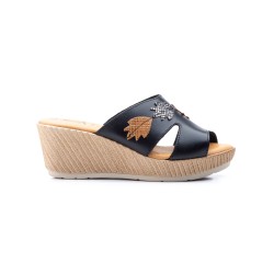 Leather Wedge Sandal with Leaf Embellishment - Gel Insole - Made in Spain
