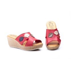 Leather Wedge Sandal with Leaf Embellishment - Gel Insole - Made in Spain