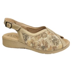 496 Sandalia de piel negra y platino/licra de ancho especial, cierre de hebilla, suela de goma