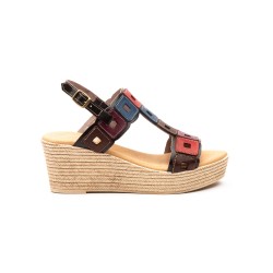 Sandalia de piel con multicolor, plantilla confort, suela antideslizante, cuña de 8 cm aprox