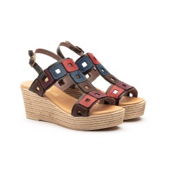 Sandalia de piel con multicolor, plantilla confort, suela antideslizante, cuña de 8 cm aprox