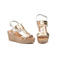 Sandalia de piel con multicolor, plantilla confort, suela antideslizante, cuña de 8 cm aprox