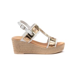 Sandalia de piel con multicolor, plantilla confort, suela antideslizante, cuña de 8 cm aprox