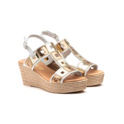 Sandalia de piel con multicolor, plantilla confort, suela antideslizante, cuña de 8 cm aprox