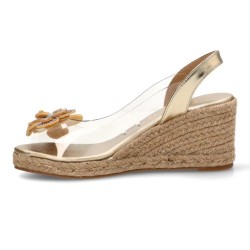 Sandalia de vinilo con oro y plata, plantilla confort, suela antideslizante, cuña de 8 cm aprox