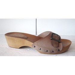 Wooden clog in brown leather